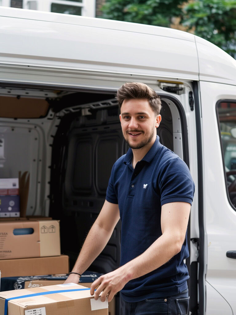 A mover smiling and holding a cardboard box. He stands next to an open white van filled with moving boxes in a residential st