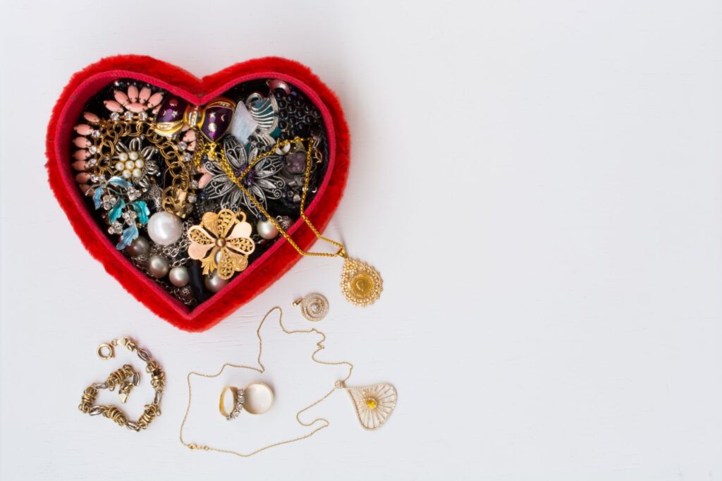 Jewelleries and a heart-shaped box