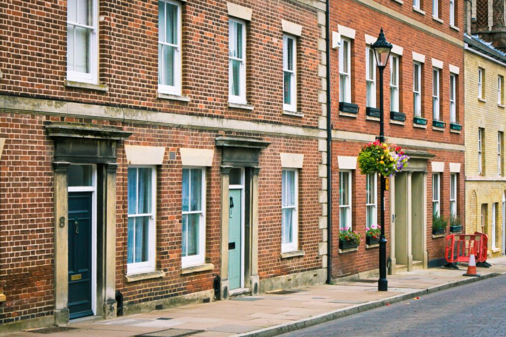 A row of old English townhouses.