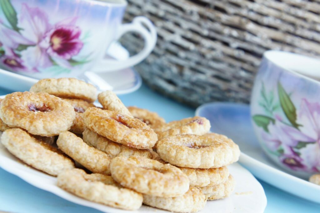 Tea and biscuits on porcelain tea set