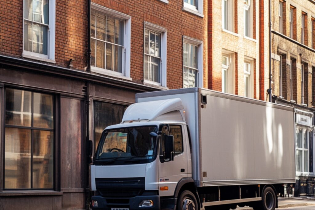 An office removals truck outside the office building